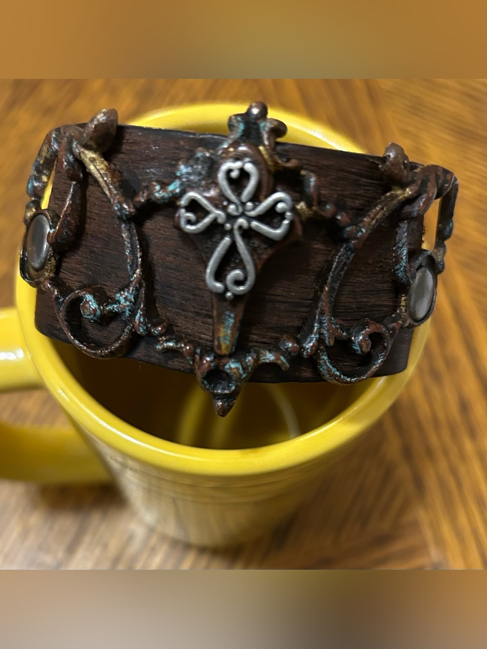 Brown Leather & Metal Cross Cuff Bracelet w/ Snap Closure